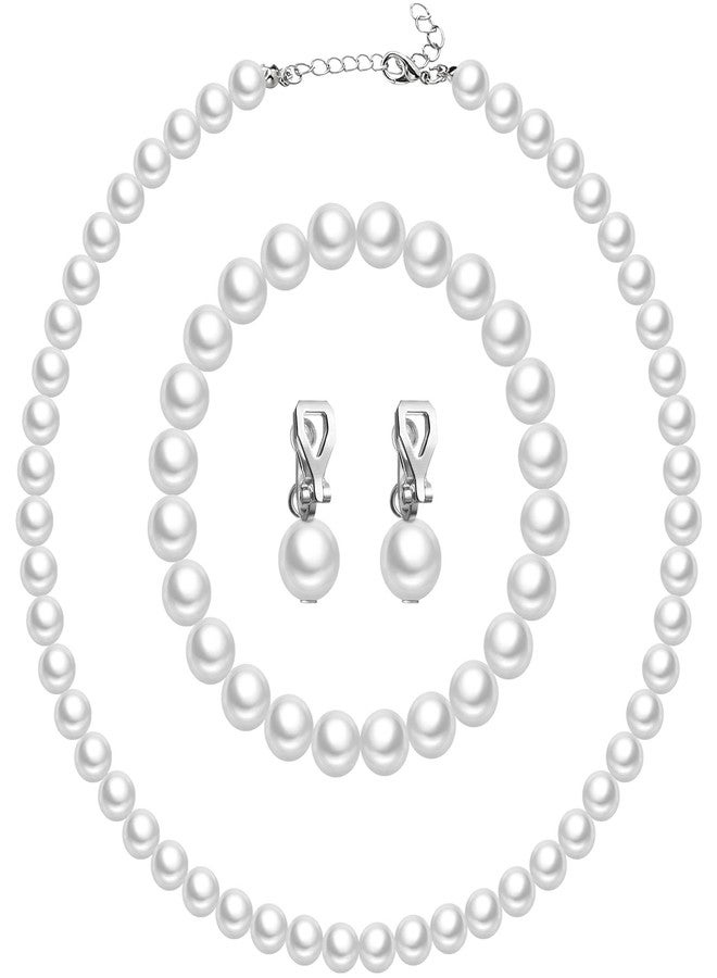 Aurelema 3 Pcs Christmas Pearl Jewelry Sets 1920s Women Faux Pearl Necklace Bracelet Kids Clip on Earrings for Women Girls(10 mm,White) - Image 1